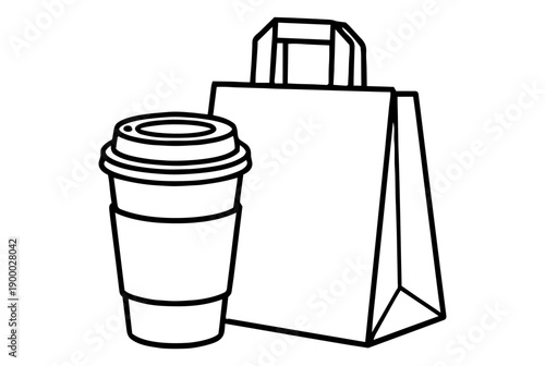Takeaway Coffee Cup with Paper Shopping Bag Line Art Illustration. Black and white outline sketch of beverage and retail package.