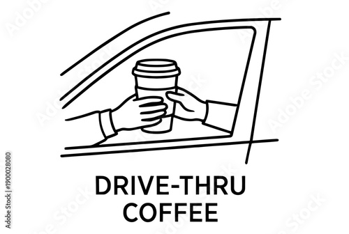 Drive-Thru Coffee Service Line Art Illustration. Hands passing hot takeaway cup through car window.