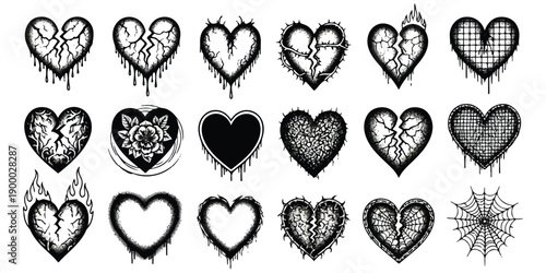 A collection of black and white grunge heart illustrations representing heartbreak and pain.