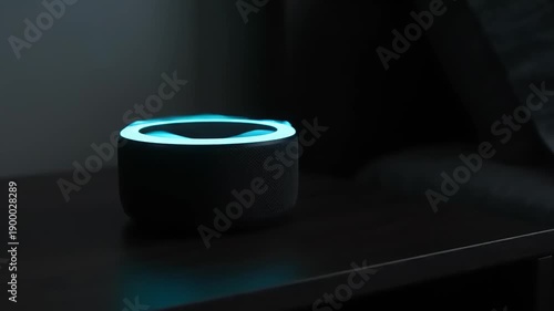 Smart AI Voice Assistant Speaker with Dynamic Wavy Color Changing Light Ring in Dark Room
