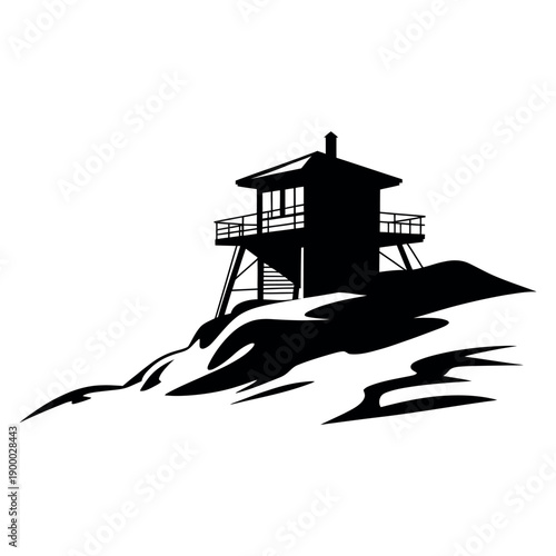 Fire lookout tower on rocky mountain peak silhouette illustration for outdoor wilderness exploration and forestry service design hand drawn black and white vector graphic element
