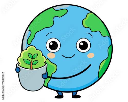 A smiling Earth character holding a potted plant, promoting environmental conservation and sustainability from a front viewpoint.