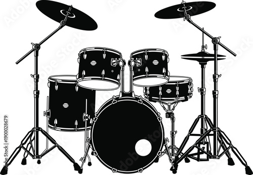 Professional drum kit silhouette vector illustration featuring bass drum, snare, toms, and cymbals on stands for music performance and rock band design.