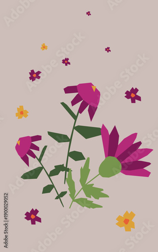 A bouquet of flowers. A composition of pieces of paper. A fictional collage as a children's school project, appliqués made of glued colored cardboard, and a stylish postcard for design.