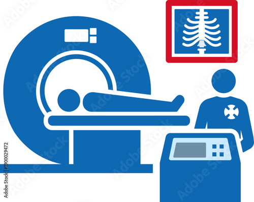 Hospital MRI Scan Room Icon with Patient and Radiologist Control Panel
