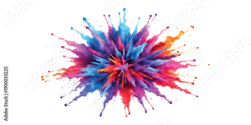 A dynamic and colorful explosion of powder on a white background, creating a vibrant abstract pattern.