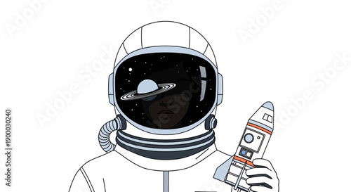 Black Woman Astronaut Holding Rocket. Space Reflection and Planet in Helmet Visor. Futuristic Line Art Illustration of STEM Ambition.