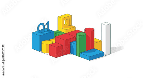 Q1 Business Data Visualization. Colorful Isometric 3D Bar Chart Graph Illustrating Quarterly Financial Results, Performance, and Growth.