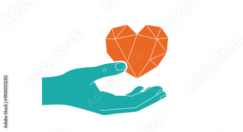 Hand holding geometric polygonal heart illustration. Minimalist vector art symbolizing giving, charity, love, care, and health donation.