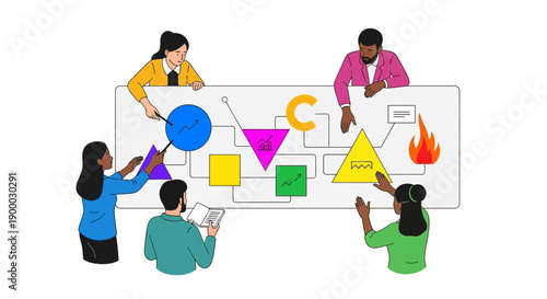 Business Team Analyzing Complex Workflow Diagram. Diverse Professionals Collaborate on Data Strategy and Problem Solving, Flat Vector Illustration.