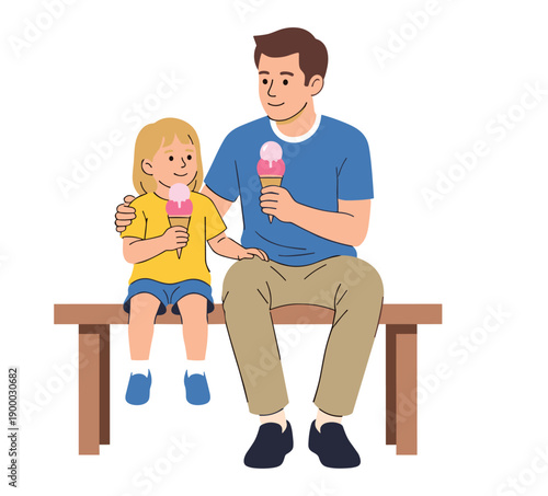 Happy father and child enjoying ice cream together outdoors