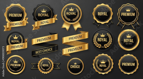 Luxury Golden Labels Vector Set, Gold Premium Tags, Banners and Ribbons, VIP 3D Emblems, Vintage Royal Stickers, Sale Tags, Award Certificate Stamps and Retro Quality Seals