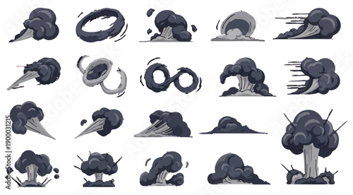 Explosive Cartoon Smoke Clouds Vector Set, Manga Style Dark Smoke Puffs and Swirling Dust, Bomb Explosion Effects, Fire Blast, Steam and Car Exhaust for Comic Scenes