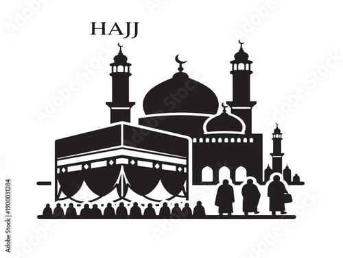 Minimalist hajj pilgrimage illustration with kaaba and mosque