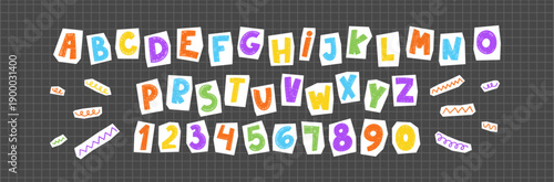 Retro cutout alphabet stickers featuring torn edges and vintage aesthetic. Colorful collection of letters, numbers. Vector illustration.