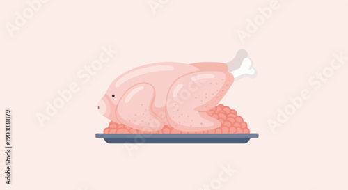 Flat illustration of a raw chicken prepared on a platter with stuffing