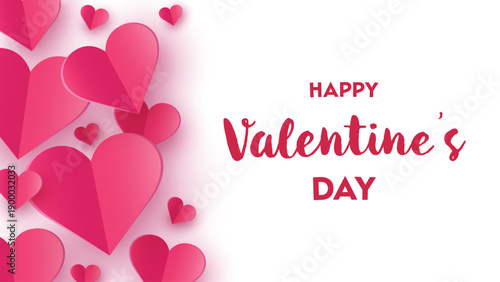 Happy Valentine’s Day greeting card with flying paper cut hearts. Vector illustration