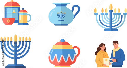 Festive Hanukkah icons with menorahs, candle holders, and couple celebrating