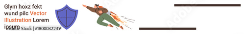 Cybersecurity, digital protection, secure data, risk management, online safety, efficiency. A flying person with flames and a shield symbol. Cybersecurity and digital protection concept