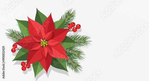 Festive poinsettia, pine sprigs, and red berries on a white background