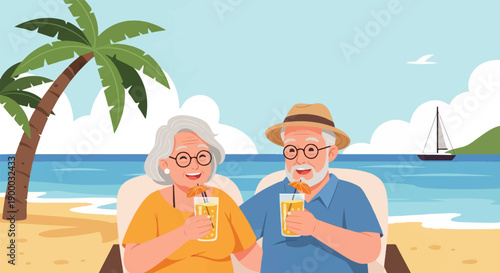 Elderly couple enjoying drinks on a sandy beach with a sailboat in the distance