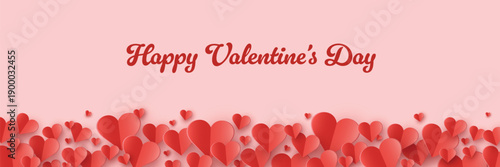 Happy Valentine’s Day greeting card with flying paper cut hearts. Banner. Vector illustration