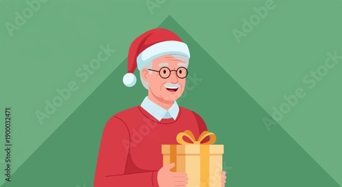 Elderly man in Santa hat holds a gift, smiling warmly