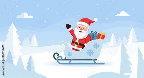 Festive Santa rides a sleigh with gifts through a snowy winter landscape