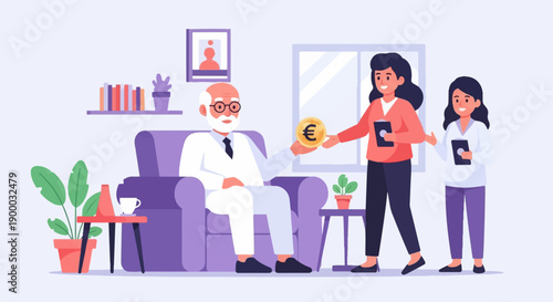 Elderly man receiving euro coin from woman, another woman observing