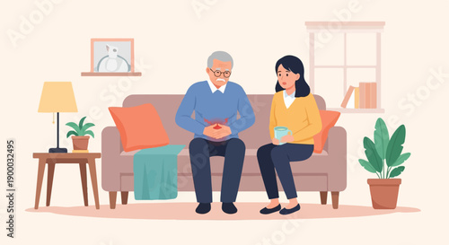Elderly man experiencing stomach pain, comforted by a woman