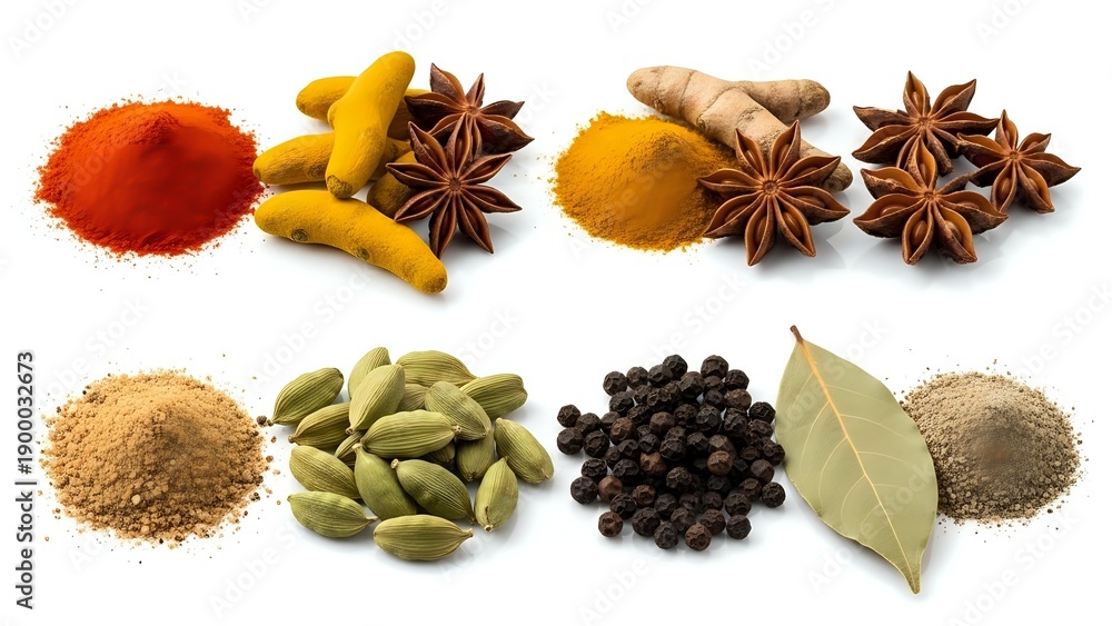 Obraz premium Aromatic spices and herbs collection isolated on white background featuring turmeric, paprika, star anise, ginger, cardamom, peppercorns and bay leaves.