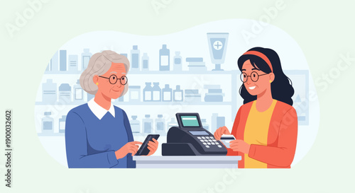 Elderly woman pays with phone, cashier holds card at pharmacy counter
