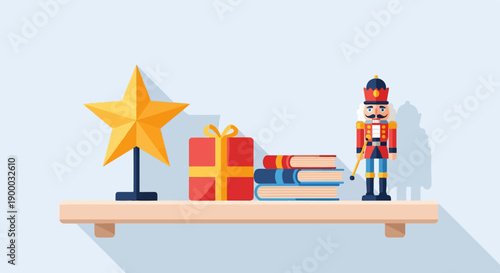 Festive shelf display with star, gift, books, and nutcracker