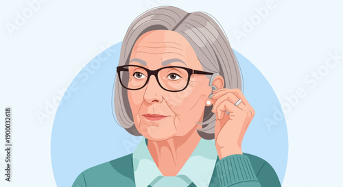 Elderly woman with glasses and hearing aid adjusting earring