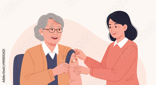 Elderly woman receives vaccination from a younger woman