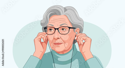 Elderly woman with grey hair, glasses, and earphones, looking thoughtfully aside