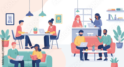 Diverse people collaborating and working remotely in stylish, modern co-working spaces