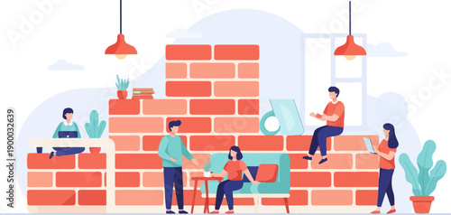 Diverse people collaborating in a modern, brick-accented indoor space