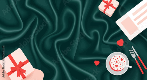 Festive treats and gifts laid out on a luxurious dark green fabric