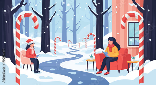 Festive winter scene with people reading near candy canes