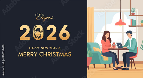 Elegant 2026 Happy New Year and Merry Christmas with couple