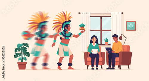 Figure in traditional attire dances while two people relax indoors