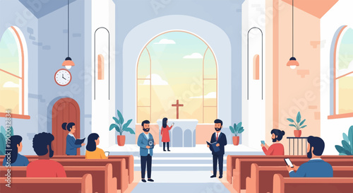 Diverse people gathered in a bright church for a service, with a clock on the wall