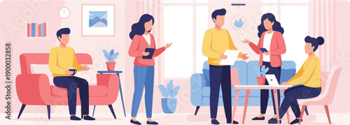 Diverse people in a modern office space collaborating around furniture