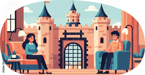 Diverse people in comfortable seating, with a fantastical castle facade in the background