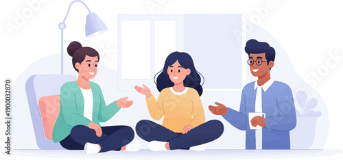 Diverse people in casual conversation in a bright, minimalist indoor setting