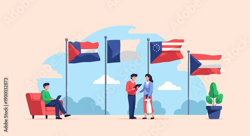 Diverse people interact near flags representing different nations outdoors