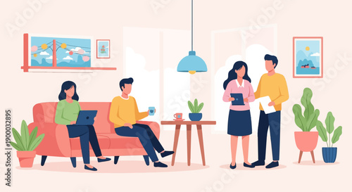 Diverse people in cozy indoor space collaborating and relaxing