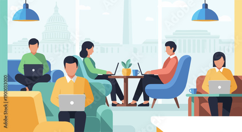 Diverse people work on laptops in a modern co-working space with a capitol building view