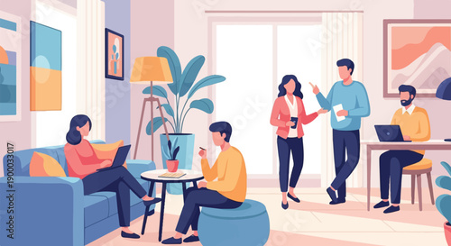 Diverse people collaborating and working in a bright, modern office space (1)